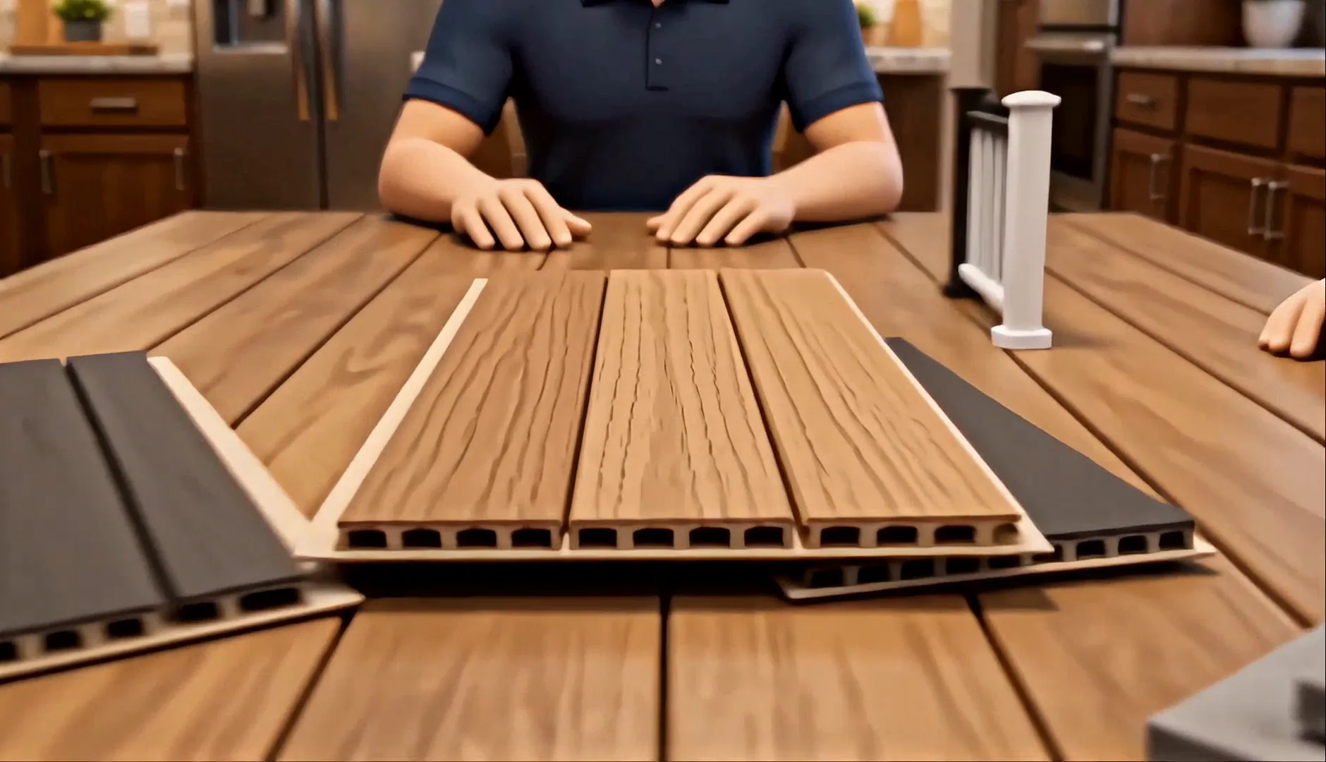 Composite decking board samples and a railing post compared on a table