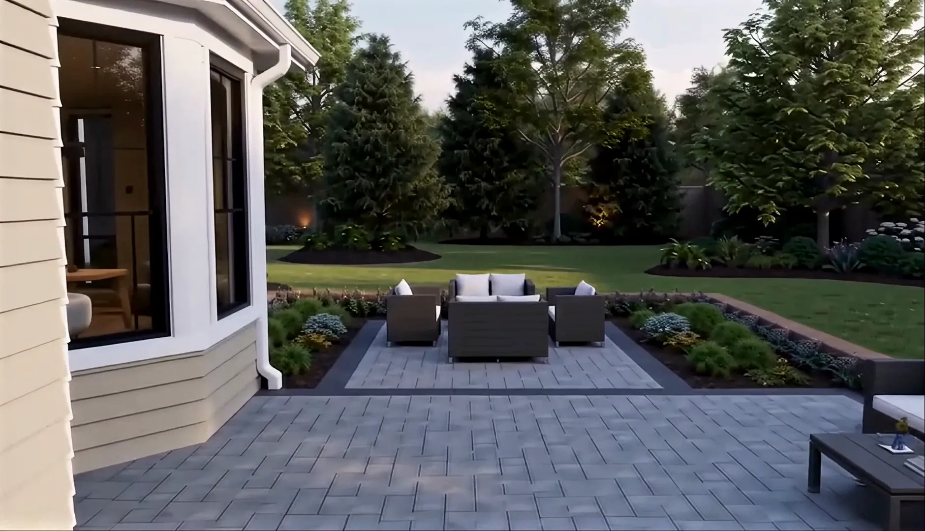 Paver patio and seating area planned beside the house at dusk